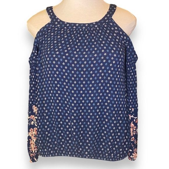🎈 Mossimo Supply Co Navy Floral Cold Shoulder Long Sleeve Blouse Top Size XS - Picture 3 of 10